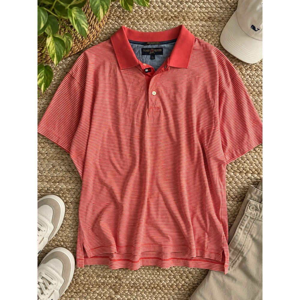 Tommy Hilfiger Golf Mens Large Coral White Striped Cotton Short Sleeve Polo